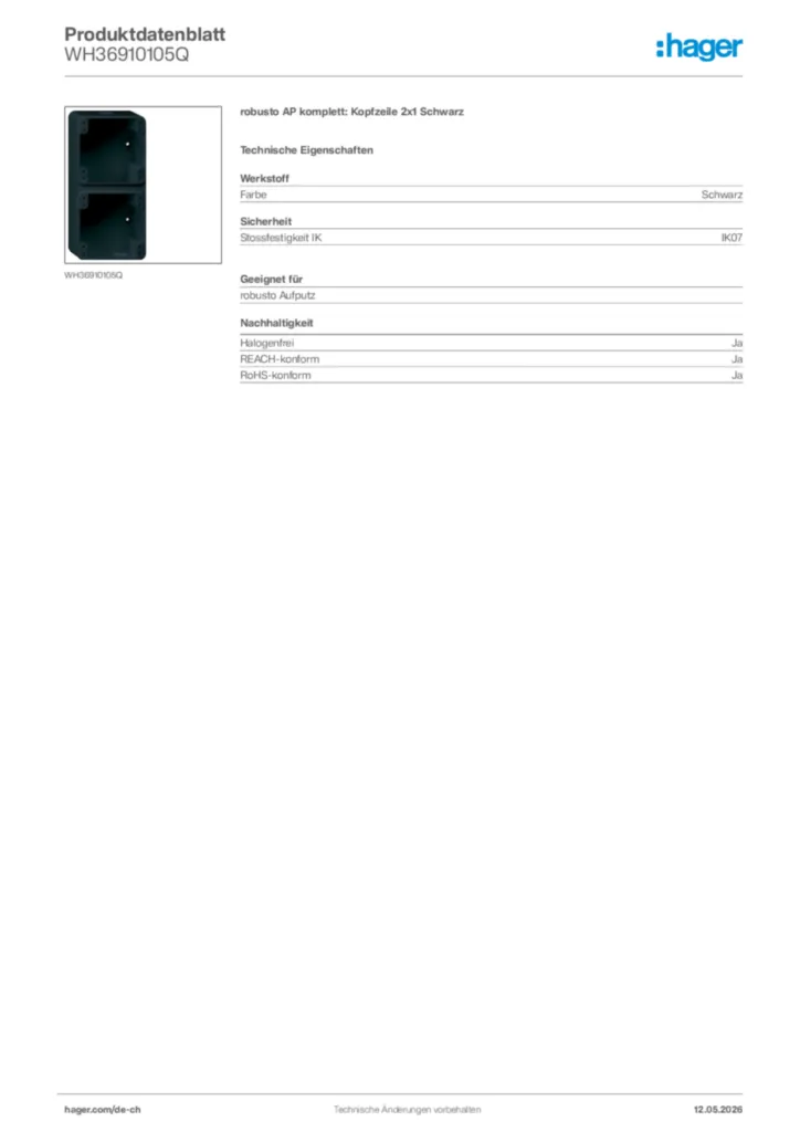 Bild Hager Produktdatenblatt WH36910105Q | Hager Schweiz
