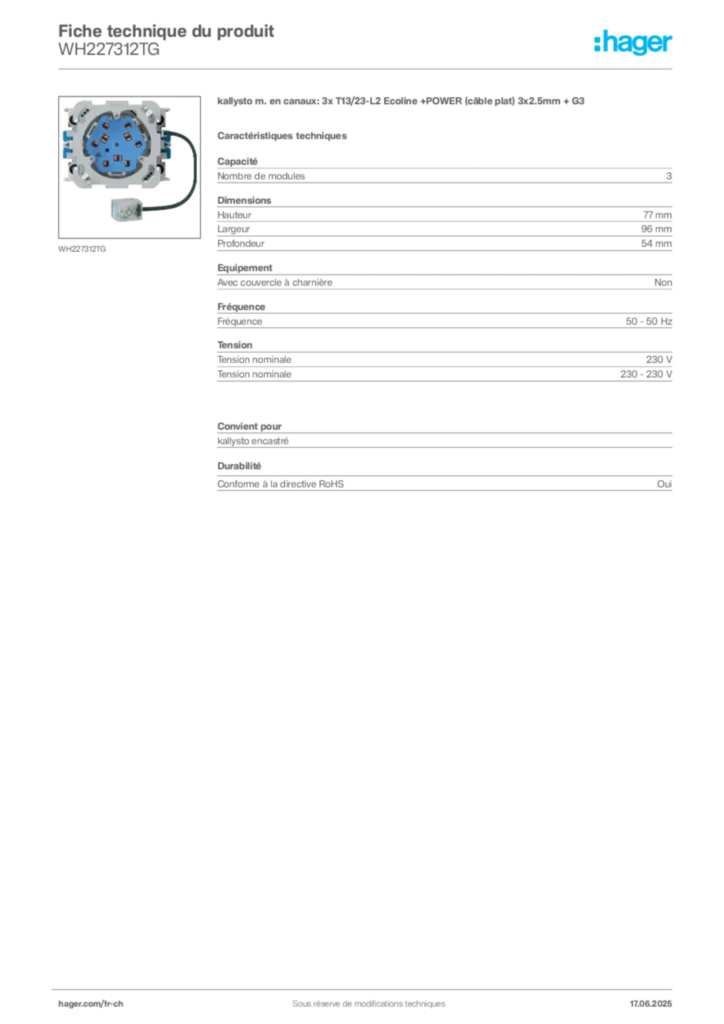 Image Hager Fiche technique du produit WH227312TG | Hager Suisse