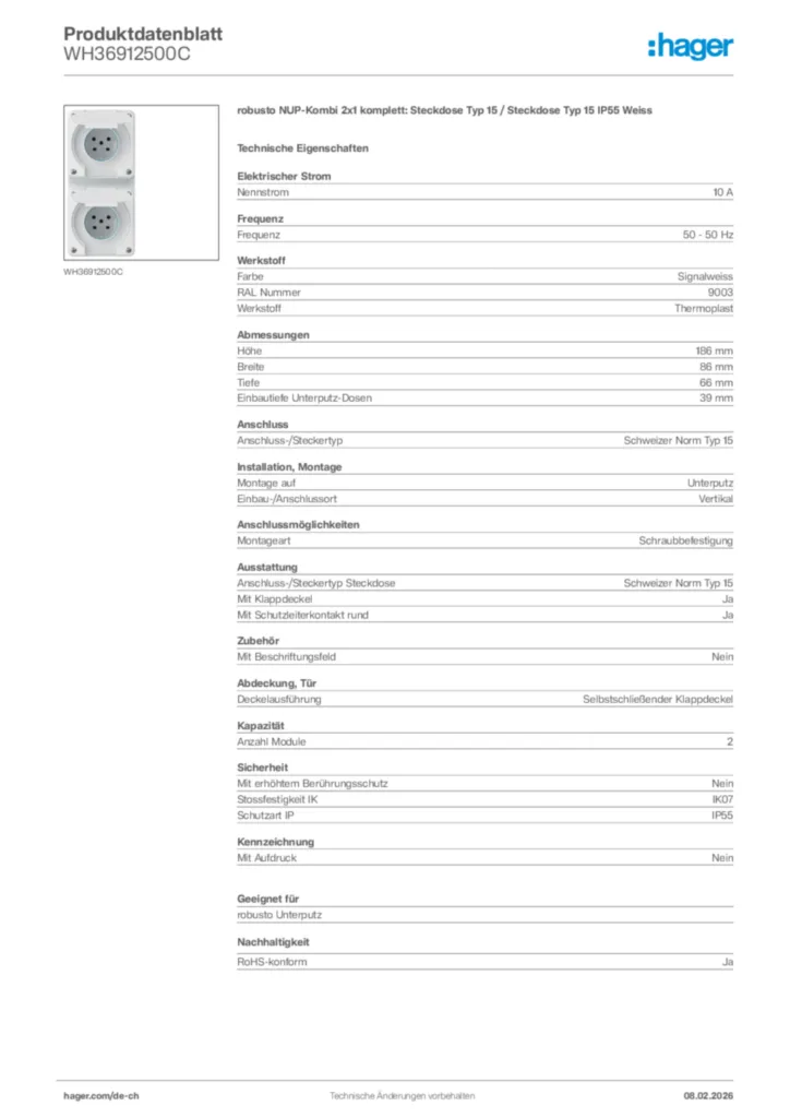 Bild Hager Produktdatenblatt WH36912500C | Hager Schweiz