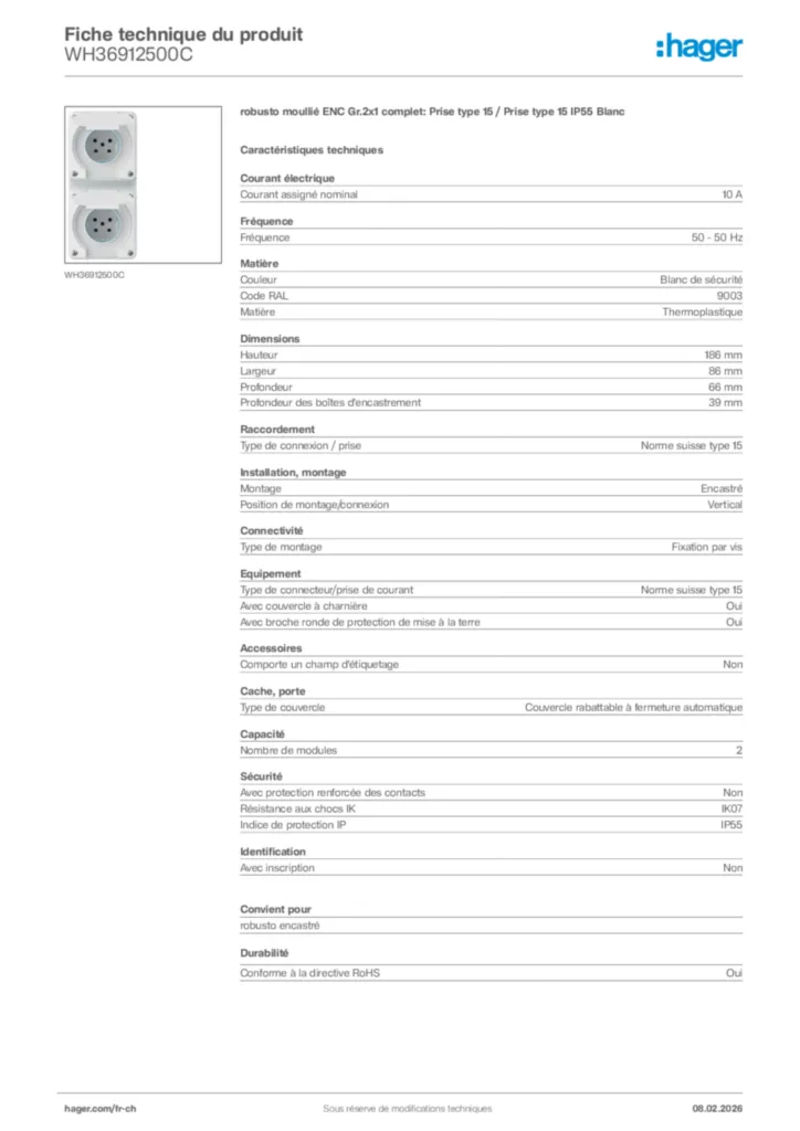 Image Hager Fiche technique du produit WH36912500C | Hager Suisse