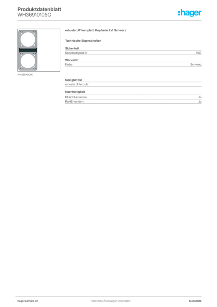 Bild Hager Produktdatenblatt WH36910105C | Hager Schweiz