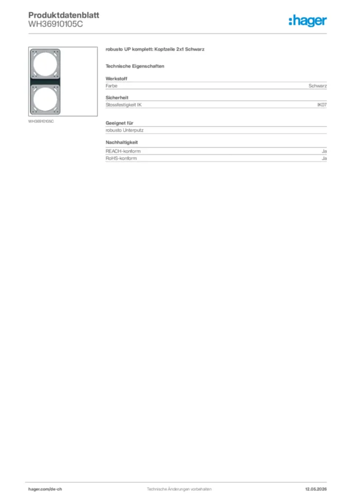 Bild Hager Produktdatenblatt WH36910105C | Hager Schweiz