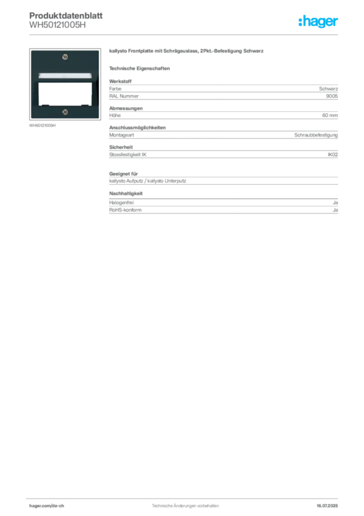 Bild Hager Produktdatenblatt WH50121005H | Hager Schweiz