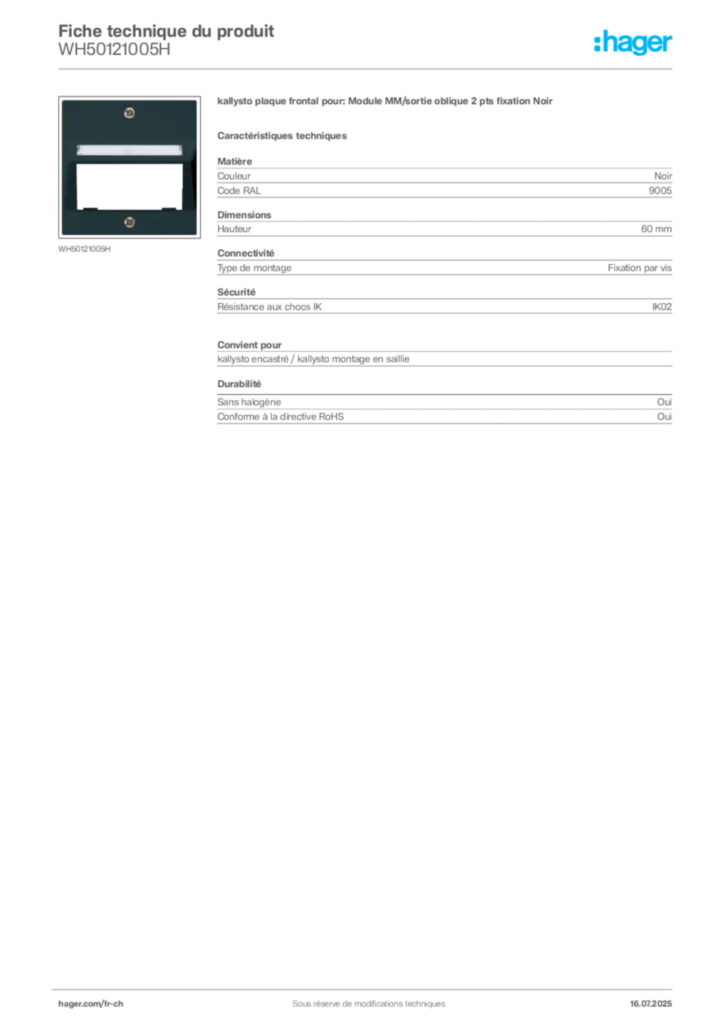 Image Hager Fiche technique du produit WH50121005H | Hager Suisse