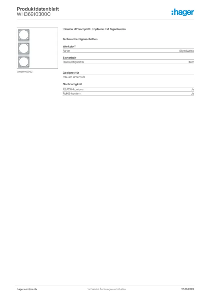 Bild Hager Produktdatenblatt WH36910300C | Hager Schweiz