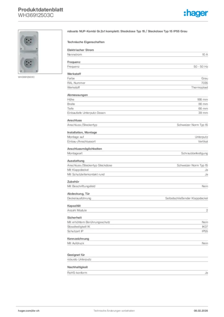 Bild Hager Produktdatenblatt WH36912503C | Hager Schweiz