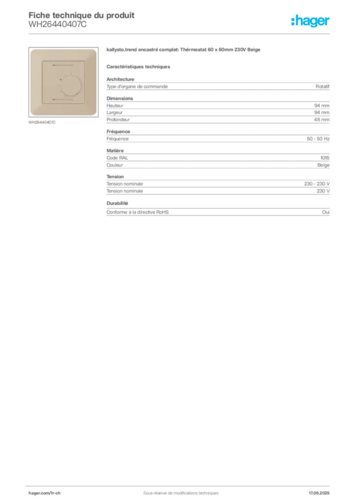 Image Hager Fiche technique du produit WH26440407C | Hager Suisse