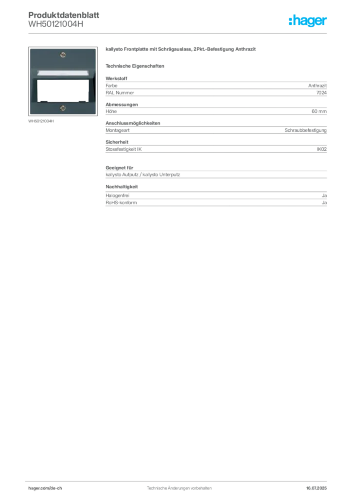 Bild Hager Produktdatenblatt WH50121004H | Hager Schweiz