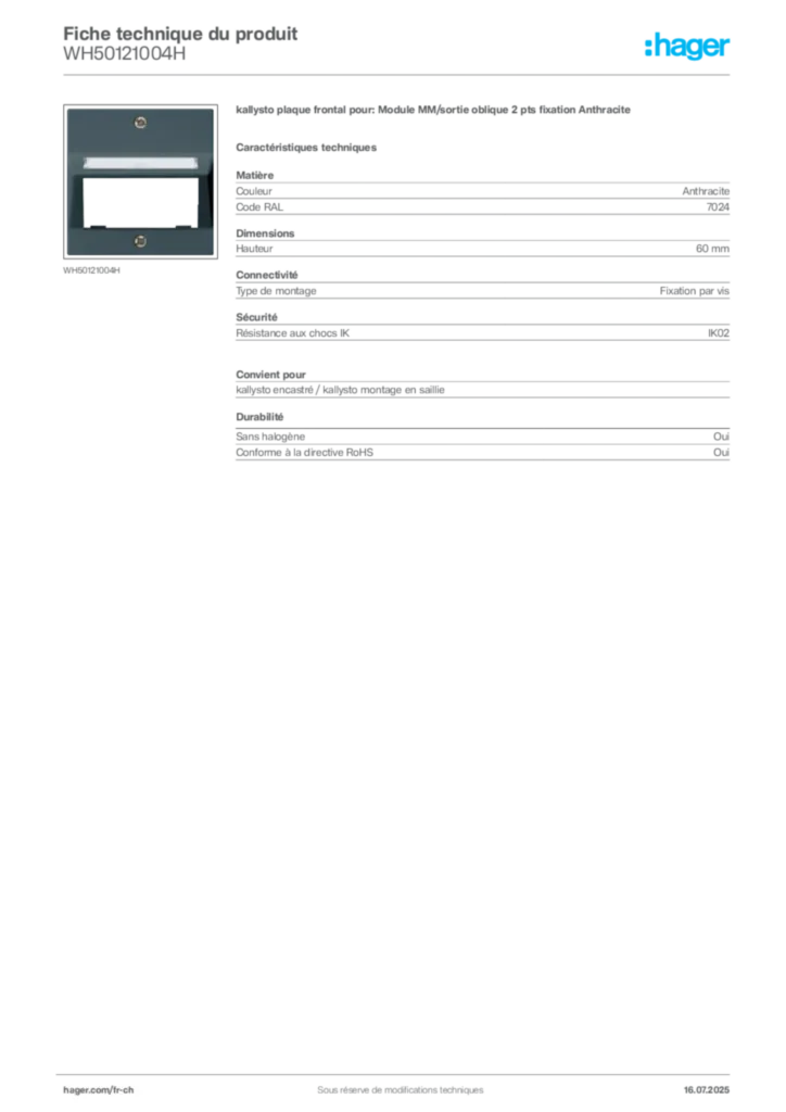Image Hager Fiche technique du produit WH50121004H | Hager Suisse