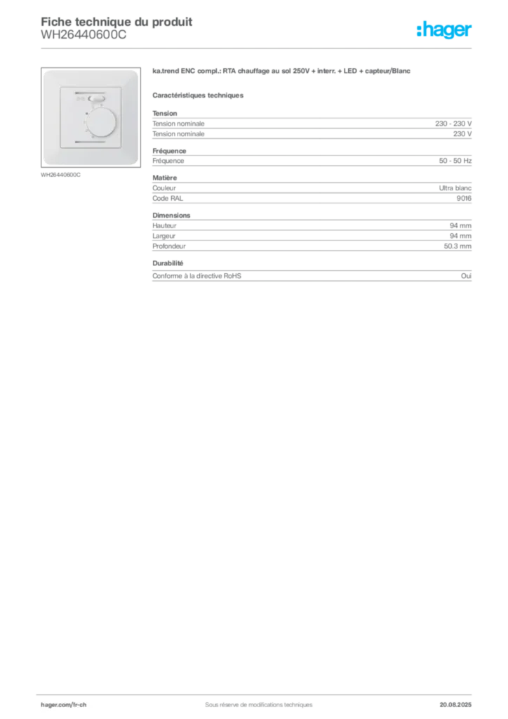 Image Hager Fiche technique du produit WH26440600C | Hager Suisse