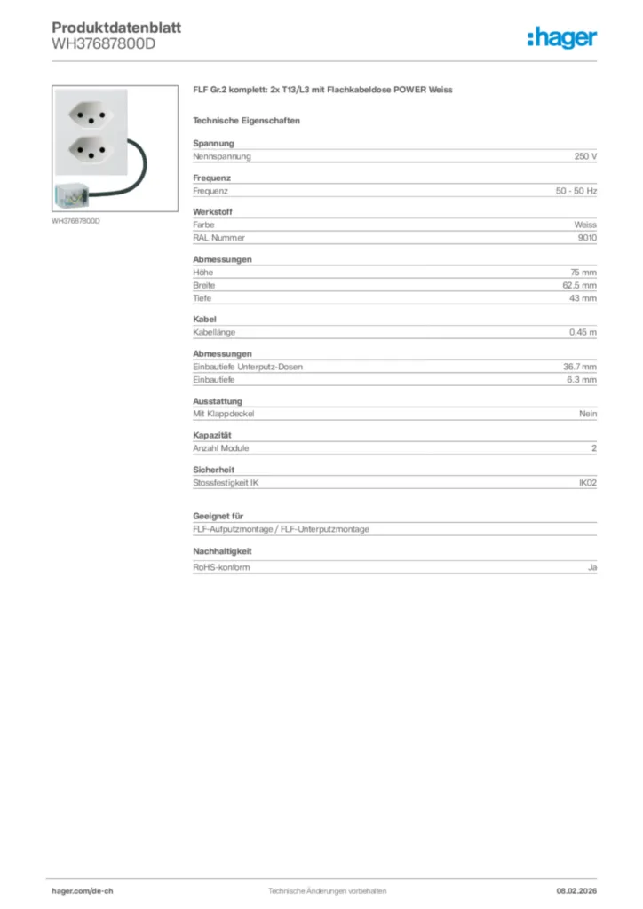 Bild Hager Produktdatenblatt WH37687800D | Hager Schweiz