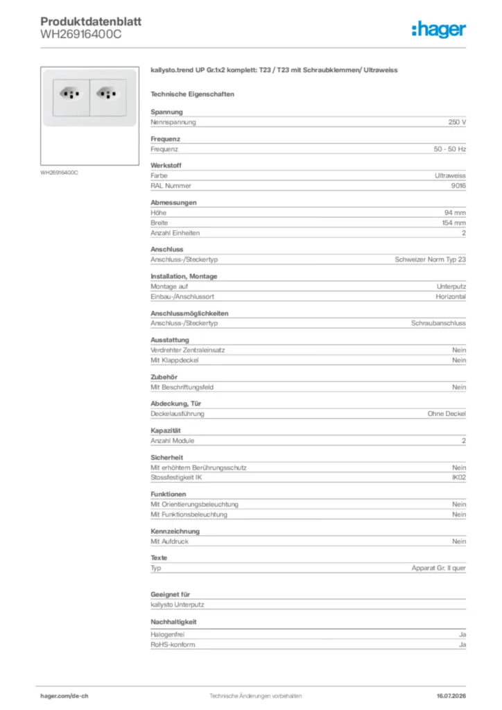 Bild Hager Produktdatenblatt WH26916400C | Hager Schweiz