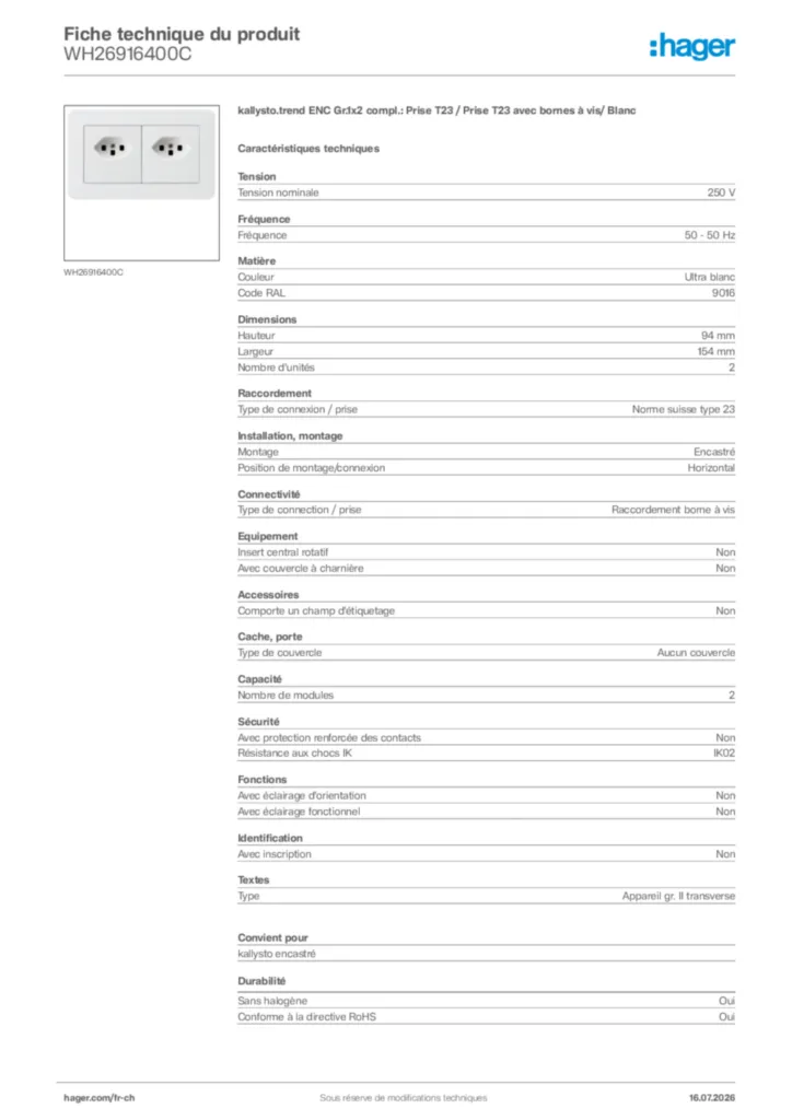 Image Hager Fiche technique du produit WH26916400C | Hager Suisse