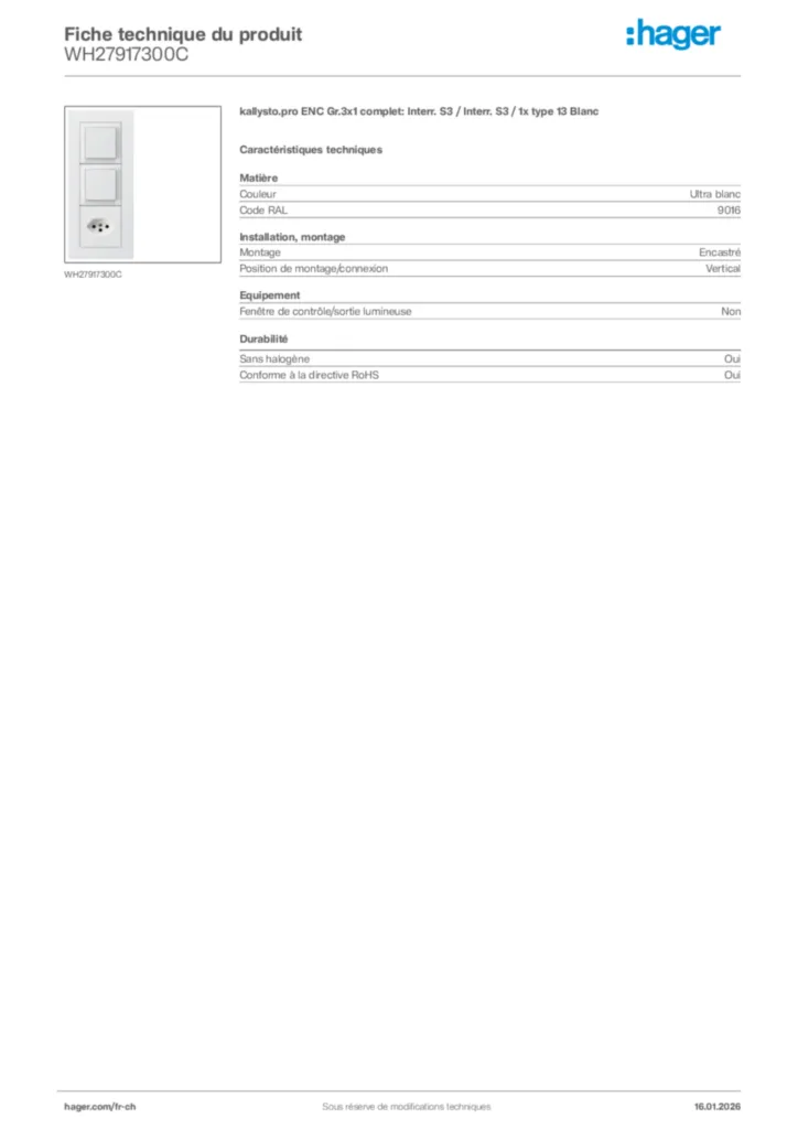 Image Hager Fiche technique du produit WH27917300C | Hager Suisse