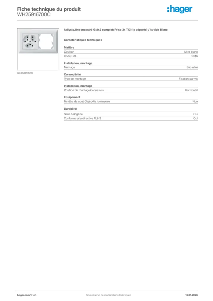 Image Hager Fiche technique du produit WH25916700C | Hager Suisse