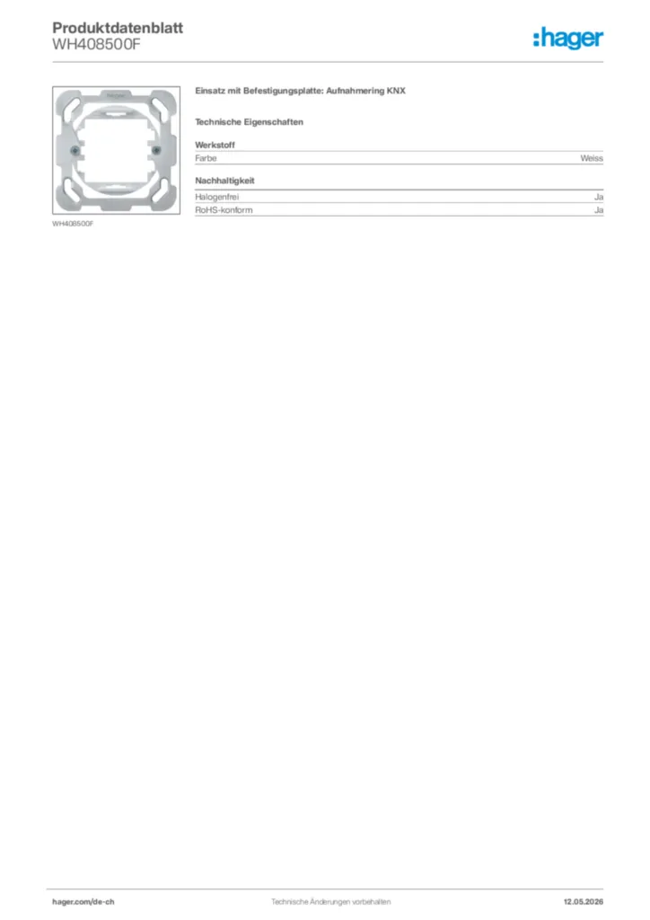 Bild Hager Produktdatenblatt WH408500F | Hager Schweiz