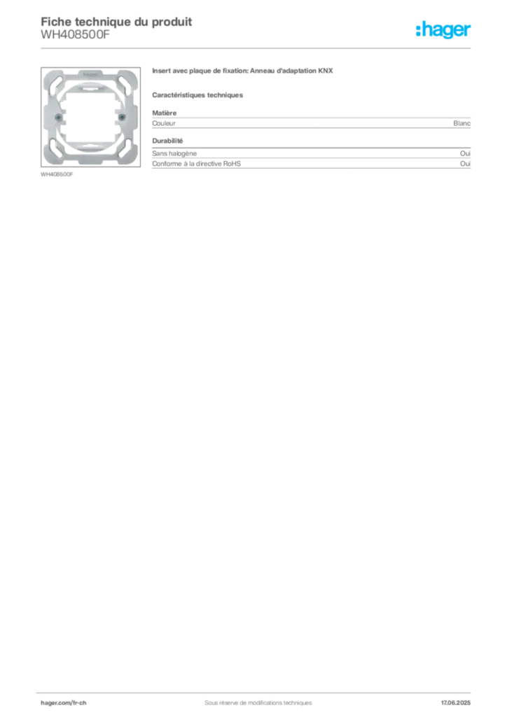 Image Hager Fiche technique du produit WH408500F | Hager Suisse