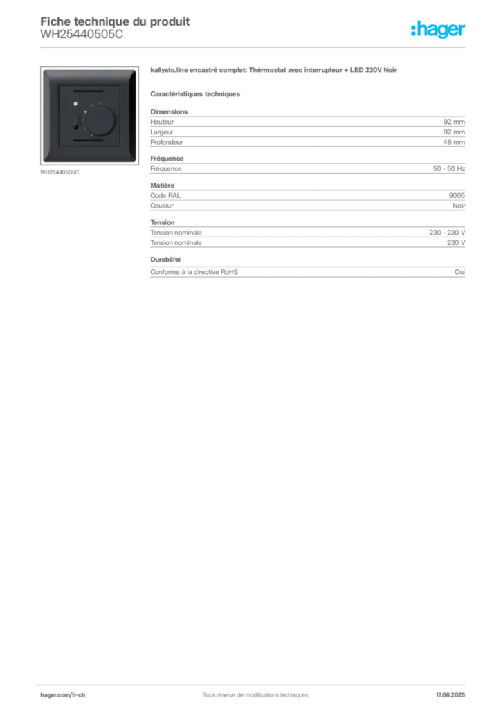 Image Hager Fiche technique du produit WH25440505C | Hager Suisse