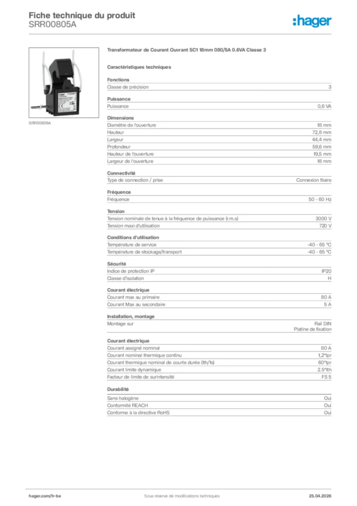 Image Hager Fiche technique du produit SRR00805A | Hager Belgique