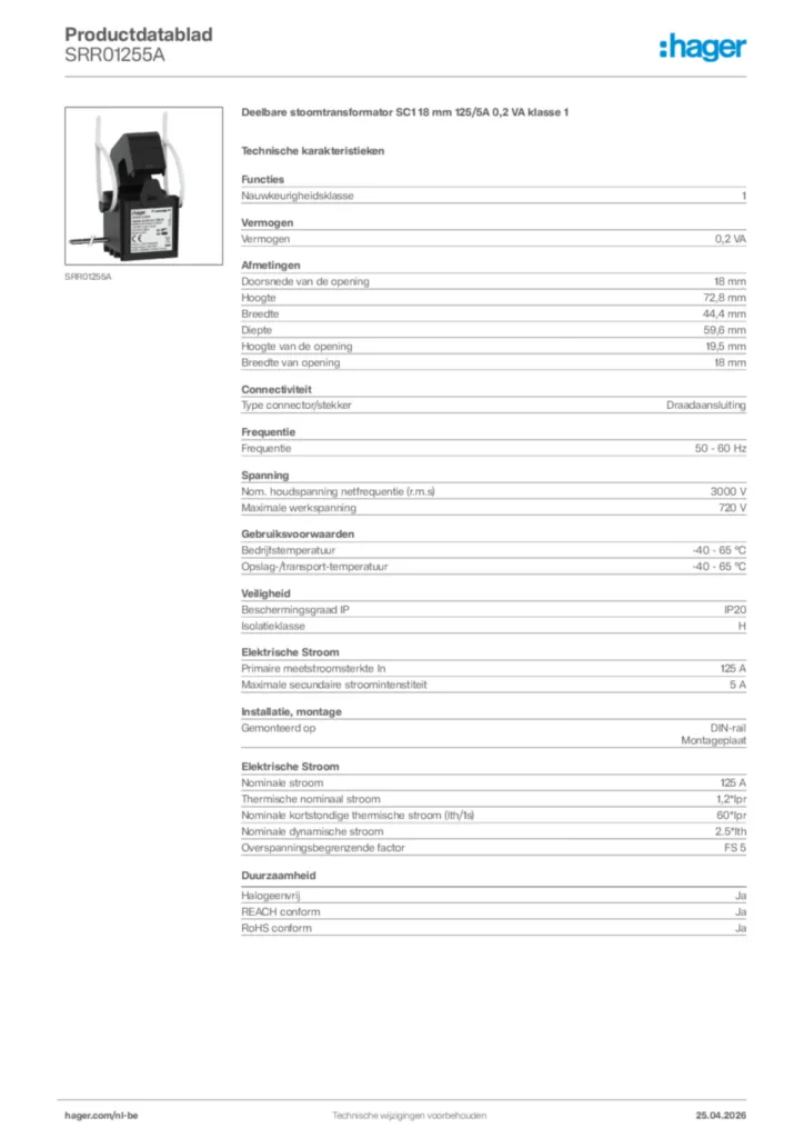 Afbeelding Hager Productdatablad SRR01255A | Hager Belgium