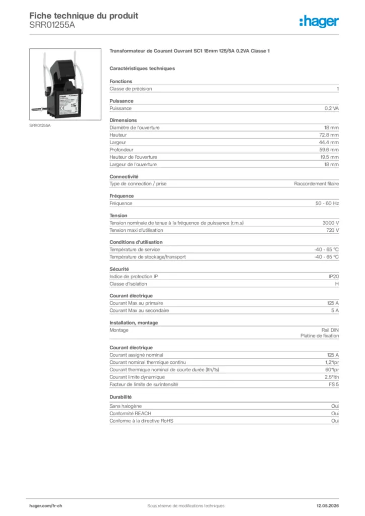 Image Hager Fiche technique du produit SRR01255A | Hager Suisse