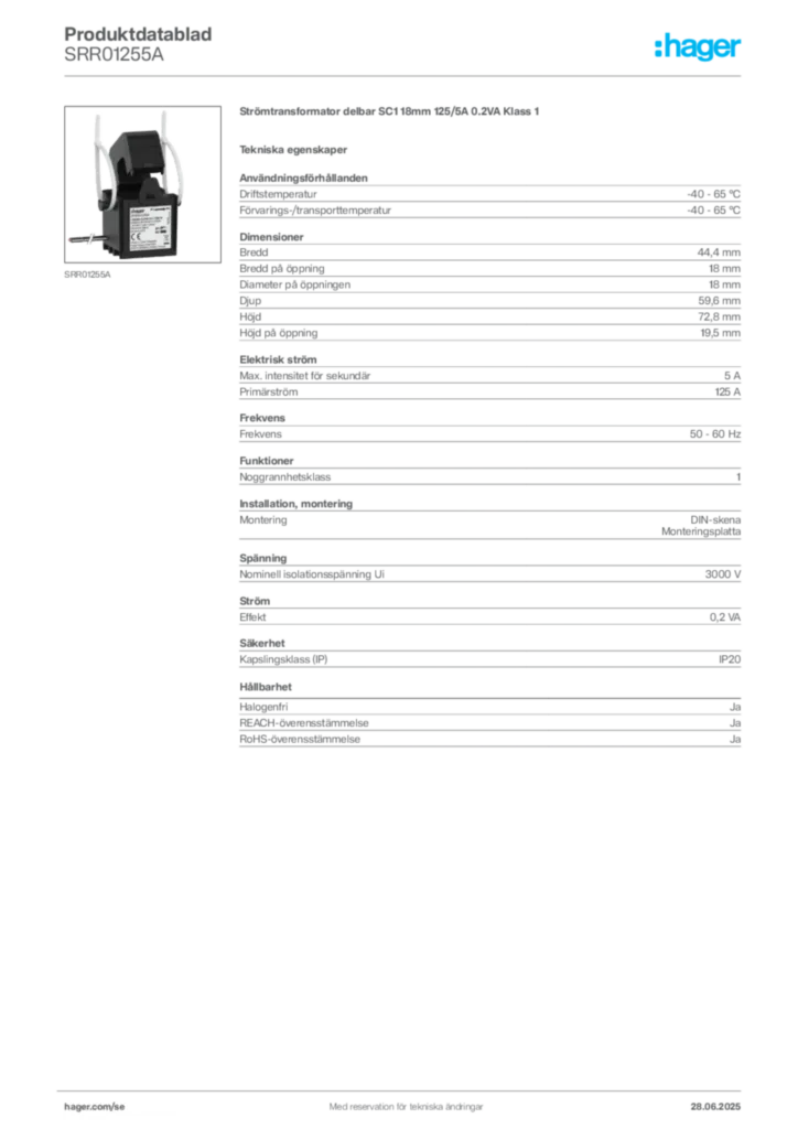 Bild Hager Produktdatablad SRR01255A | Hager Sverige