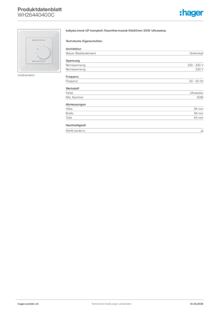 Bild Hager Produktdatenblatt WH26440400C | Hager Schweiz