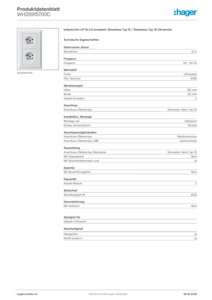 Bild Hager Produktdatenblatt WH25915700C | Hager Schweiz