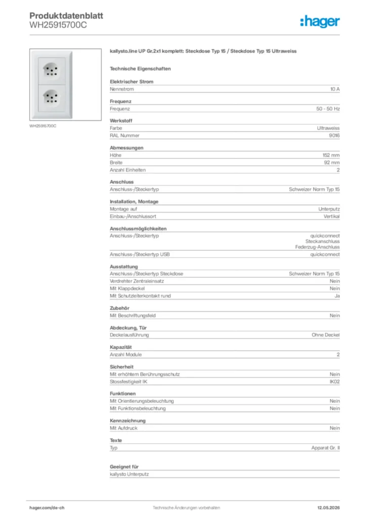 Bild Hager Produktdatenblatt WH25915700C | Hager Schweiz