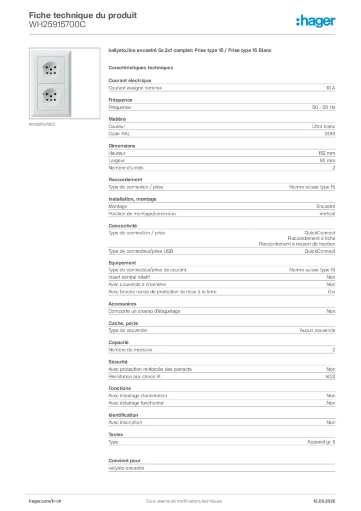 Image Hager Fiche technique du produit WH25915700C | Hager Suisse