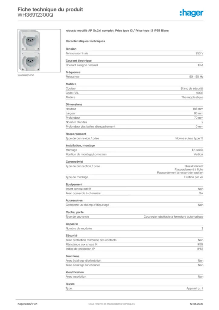Image Hager Fiche technique du produit WH36912300Q | Hager Suisse