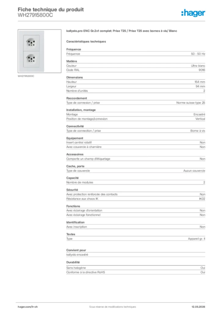 Image Hager Fiche technique du produit WH27915800C | Hager Suisse