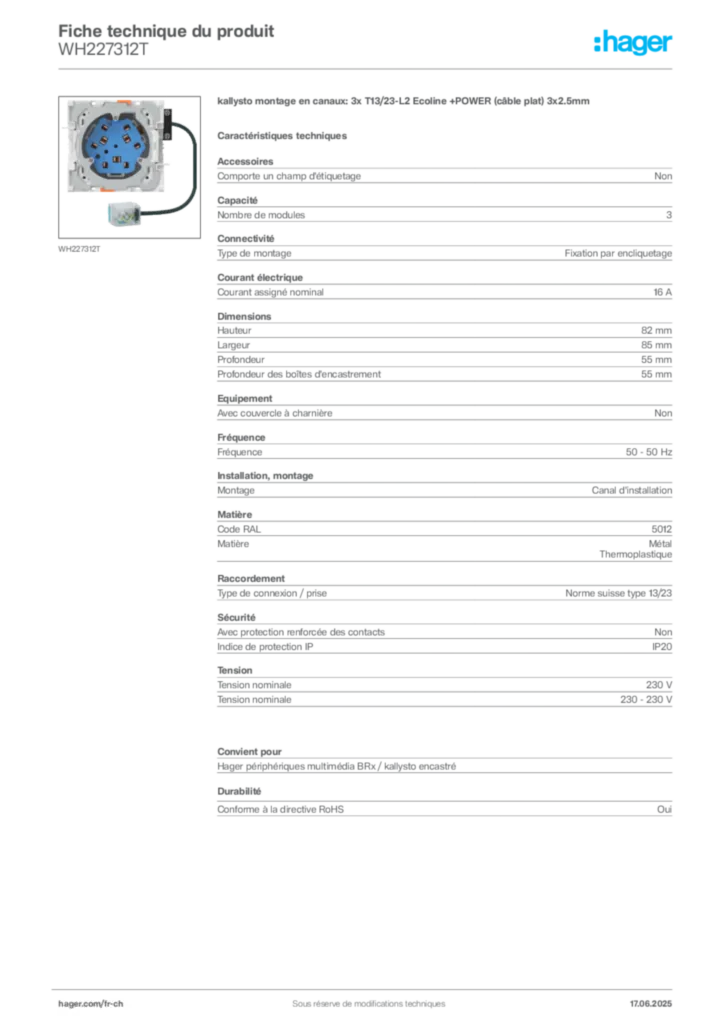 Image Hager Fiche technique du produit WH227312T | Hager Suisse