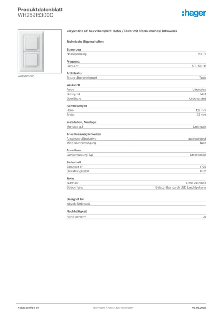 Bild Hager Produktdatenblatt WH25915300C | Hager Schweiz