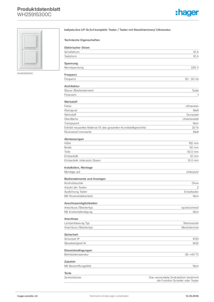 Bild Hager Produktdatenblatt WH25915300C | Hager Schweiz