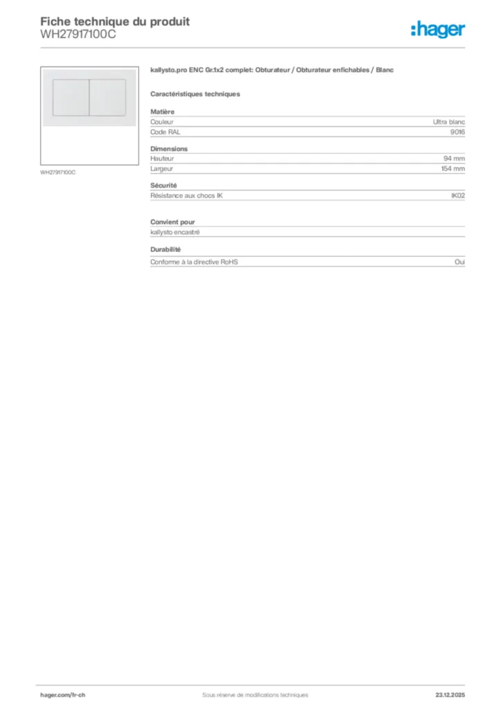 Image Hager Fiche technique du produit WH27917100C | Hager Suisse