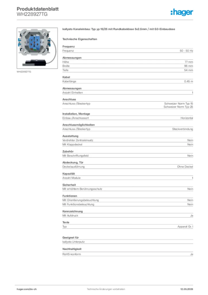 Bild Hager Produktdatenblatt WH228927TG | Hager Schweiz
