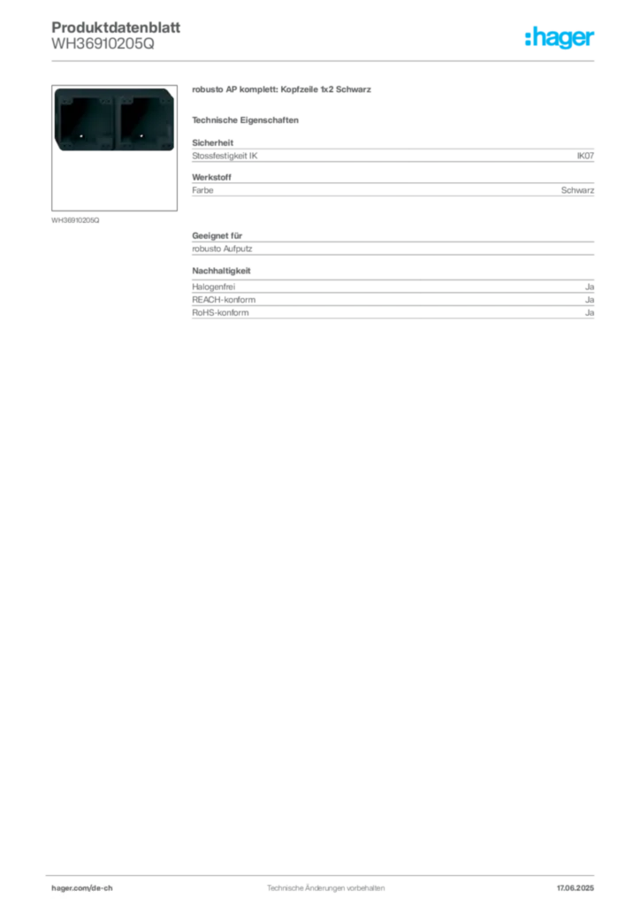 Bild Hager Produktdatenblatt WH36910205Q | Hager Schweiz
