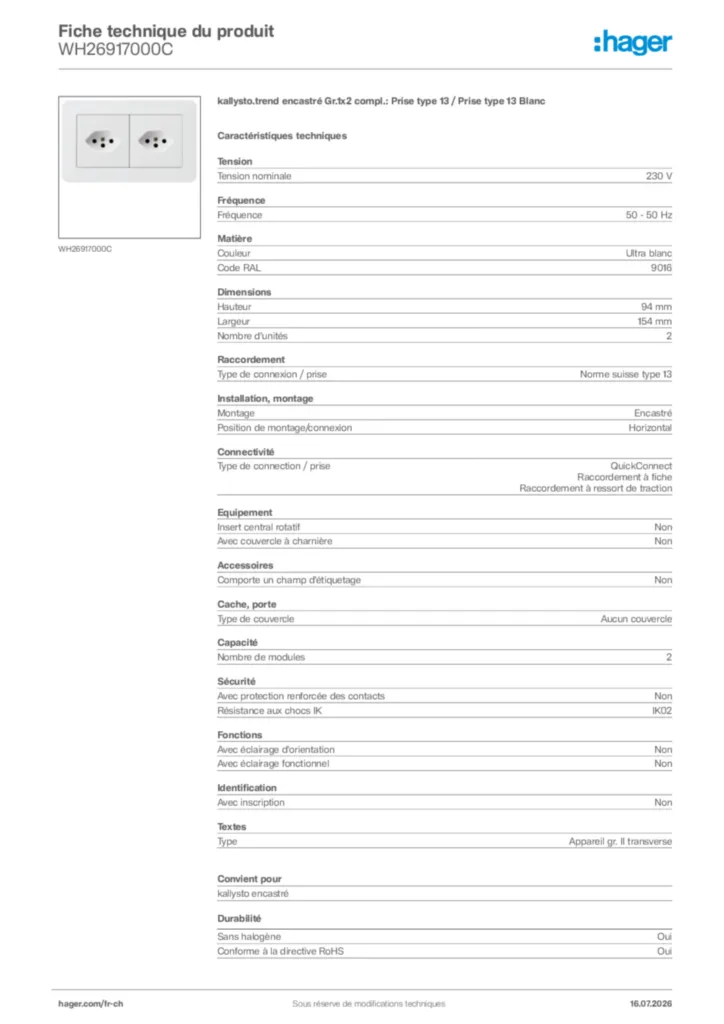 Image Hager Fiche technique du produit WH26917000C | Hager Suisse