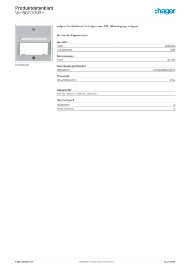 Bild Hager Produktdatenblatt WH50121003H | Hager Schweiz