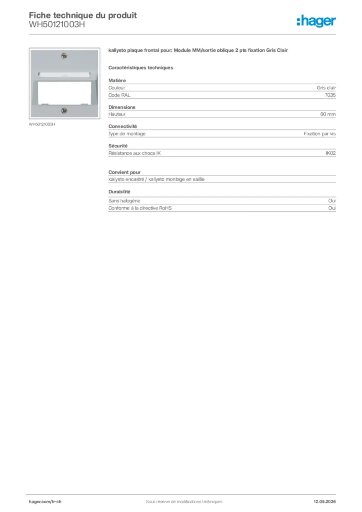 Image Hager Fiche technique du produit WH50121003H | Hager Suisse