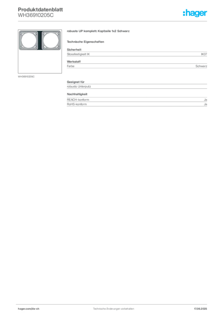 Bild Hager Produktdatenblatt WH36910205C | Hager Schweiz