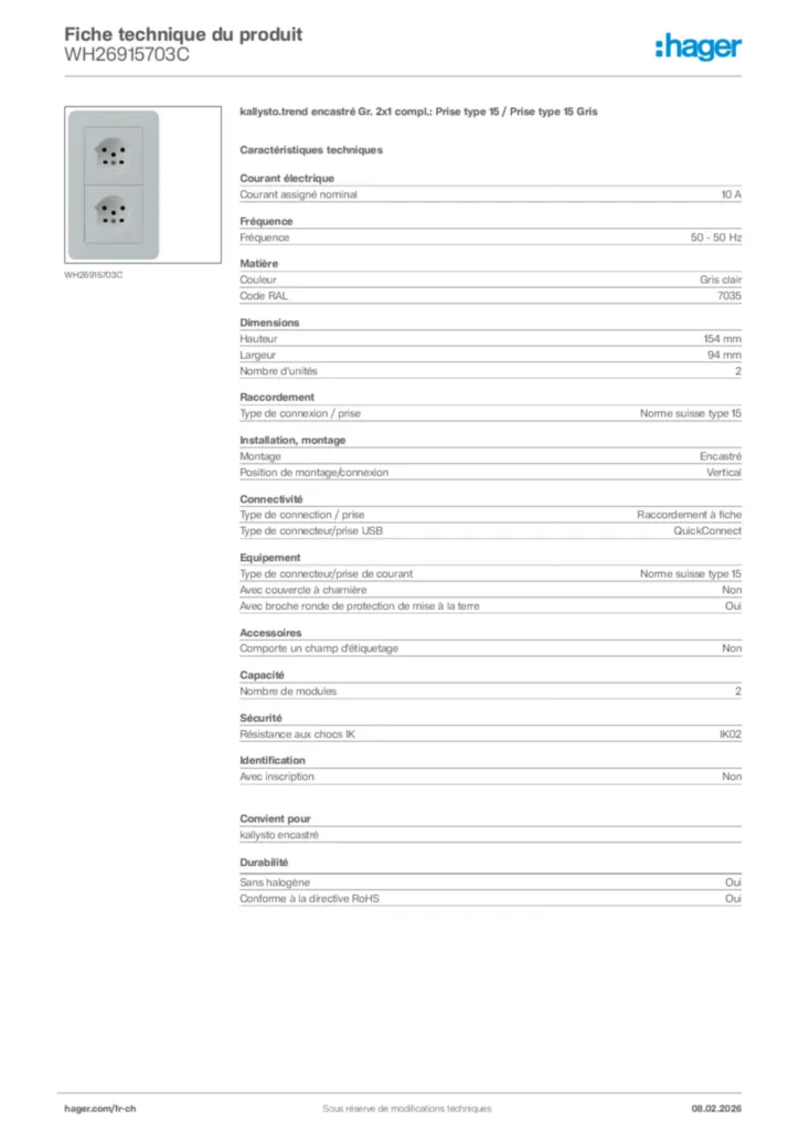 Image Hager Fiche technique du produit WH26915703C | Hager Suisse