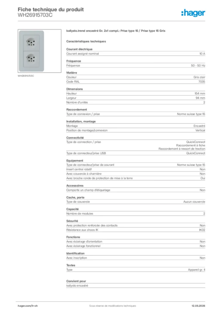 Image Hager Fiche technique du produit WH26915703C | Hager Suisse