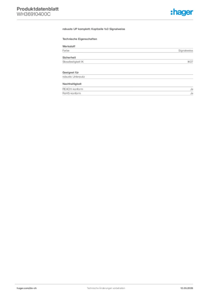 Bild Hager Produktdatenblatt WH36910400C | Hager Schweiz