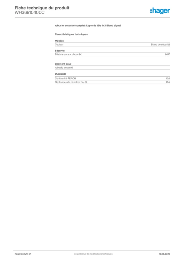 Image Hager Fiche technique du produit WH36910400C | Hager Suisse