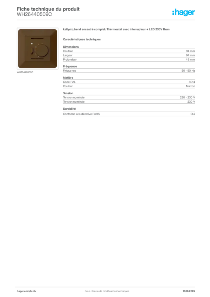 Image Hager Fiche technique du produit WH26440509C | Hager Suisse