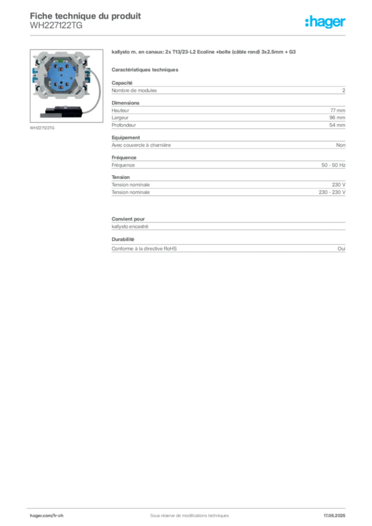 Image Hager Fiche technique du produit WH227122TG | Hager Suisse