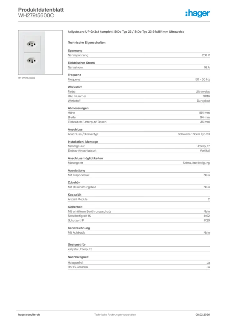 Bild Hager Produktdatenblatt WH27915600C | Hager Schweiz