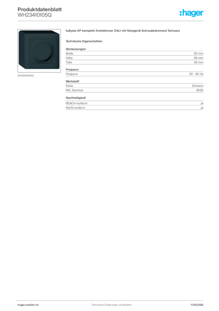 Bild Hager Produktdatenblatt WH23410105Q | Hager Schweiz